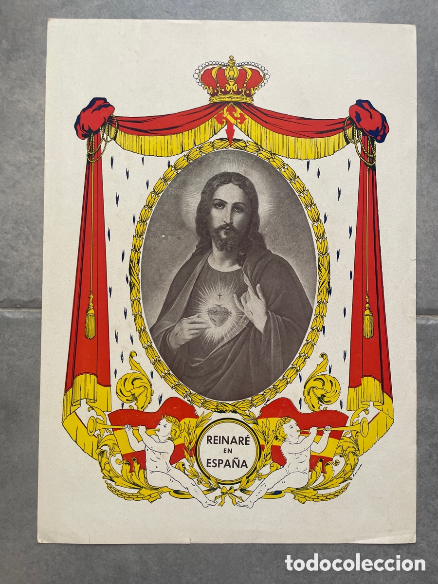 Art: L&aacute;mina decorativa papel. Cristo Rey. Reinar&eacute; en Espa&ntilde;a. Jesucristo y coraz&oacute;n de Jes&uacute;s.