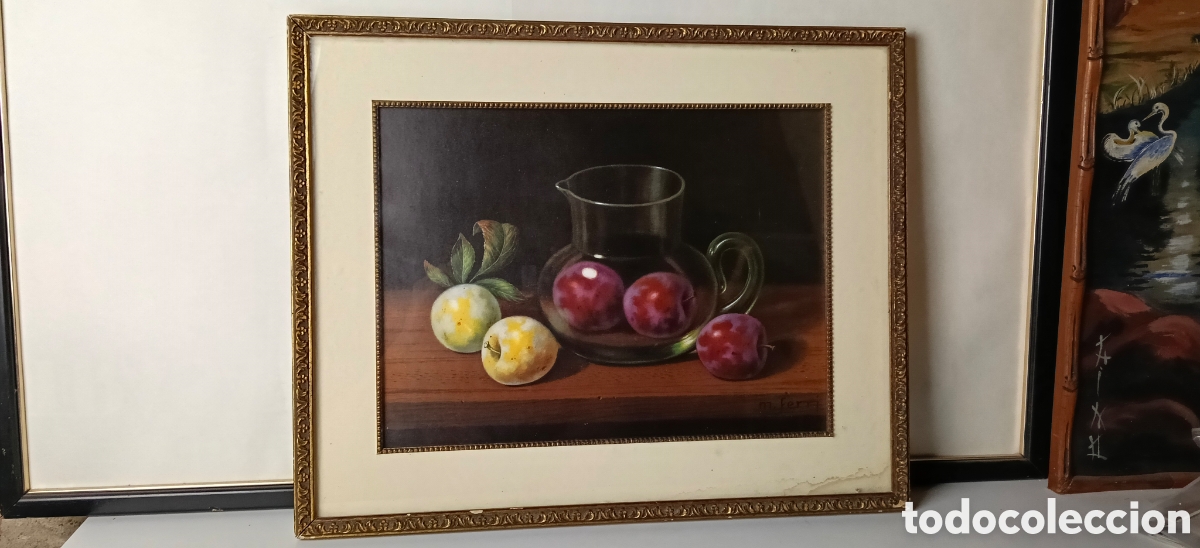 Arte: M ferri / Antigua lamina bodeg&oacute;n con marco de &eacute;poca