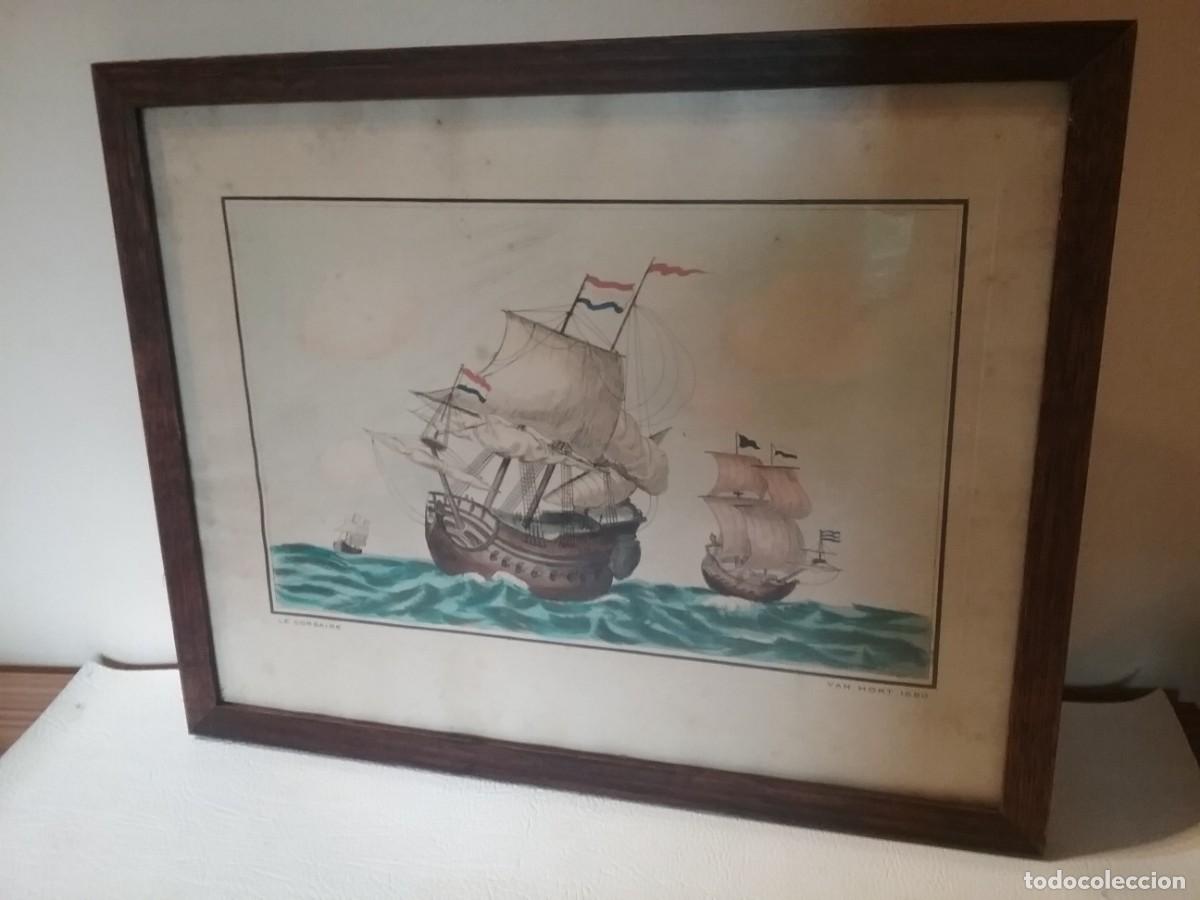 Arte: Bonita lamina grabada dibujada y coloreada a mano tematica naval galeones