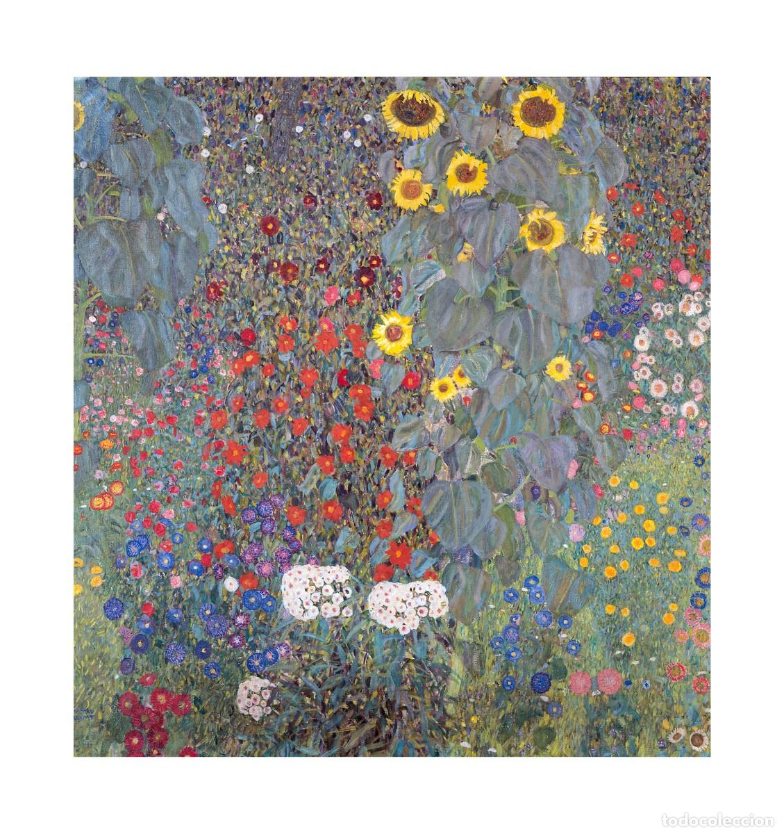 Arte: L&aacute;mina (34 x 32 cm) del cuadro Jard&iacute;n Campestre con Girasoles, de Gustav Klimt. Tema: Pintura, Arte.