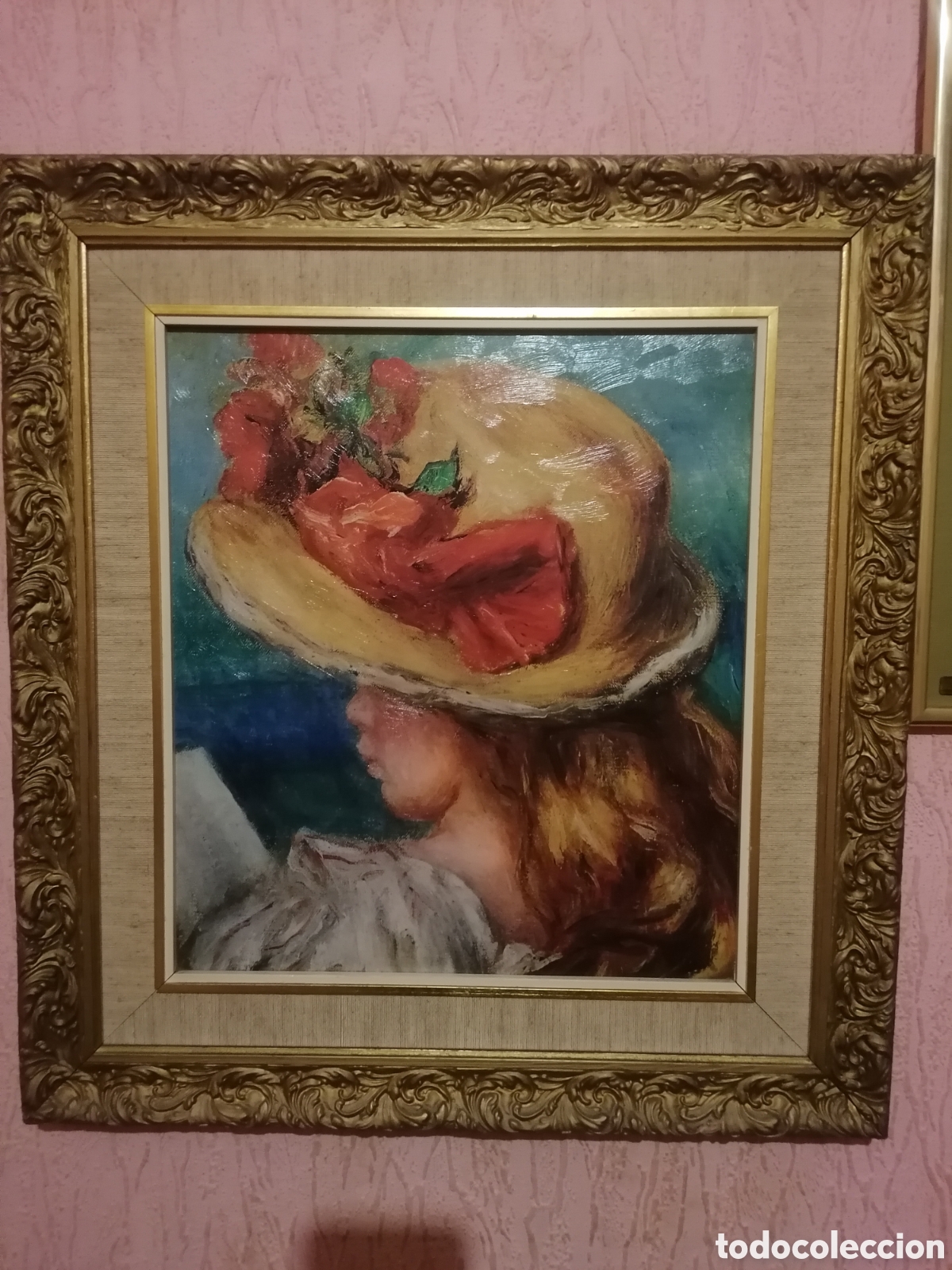 Arte: Cuadro Vintage inspiraci&oacute;n Renoir Dama sombrero Marc&oacute; Dorado