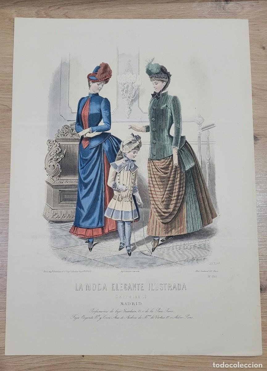 Arte: LAMINA ANTIGUA MODA ELEGANTE N 1785 DOS DAMAS Y NI&Ntilde;A CON COMBA GUERLAIN