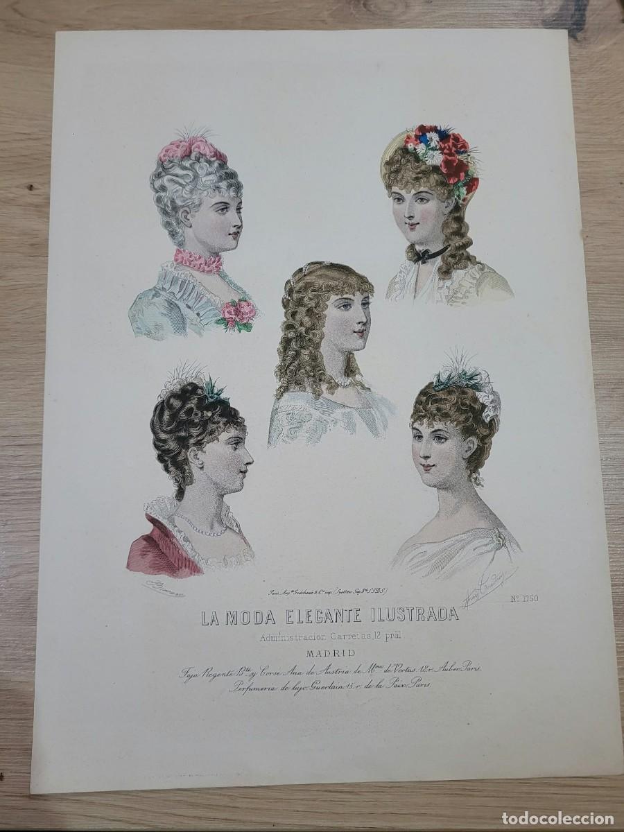 Arte: LAMINA ANTIGUA MODA ELEGANTE 1884 MADRID N 1750 PEINADOS 37.5 X 27 CM