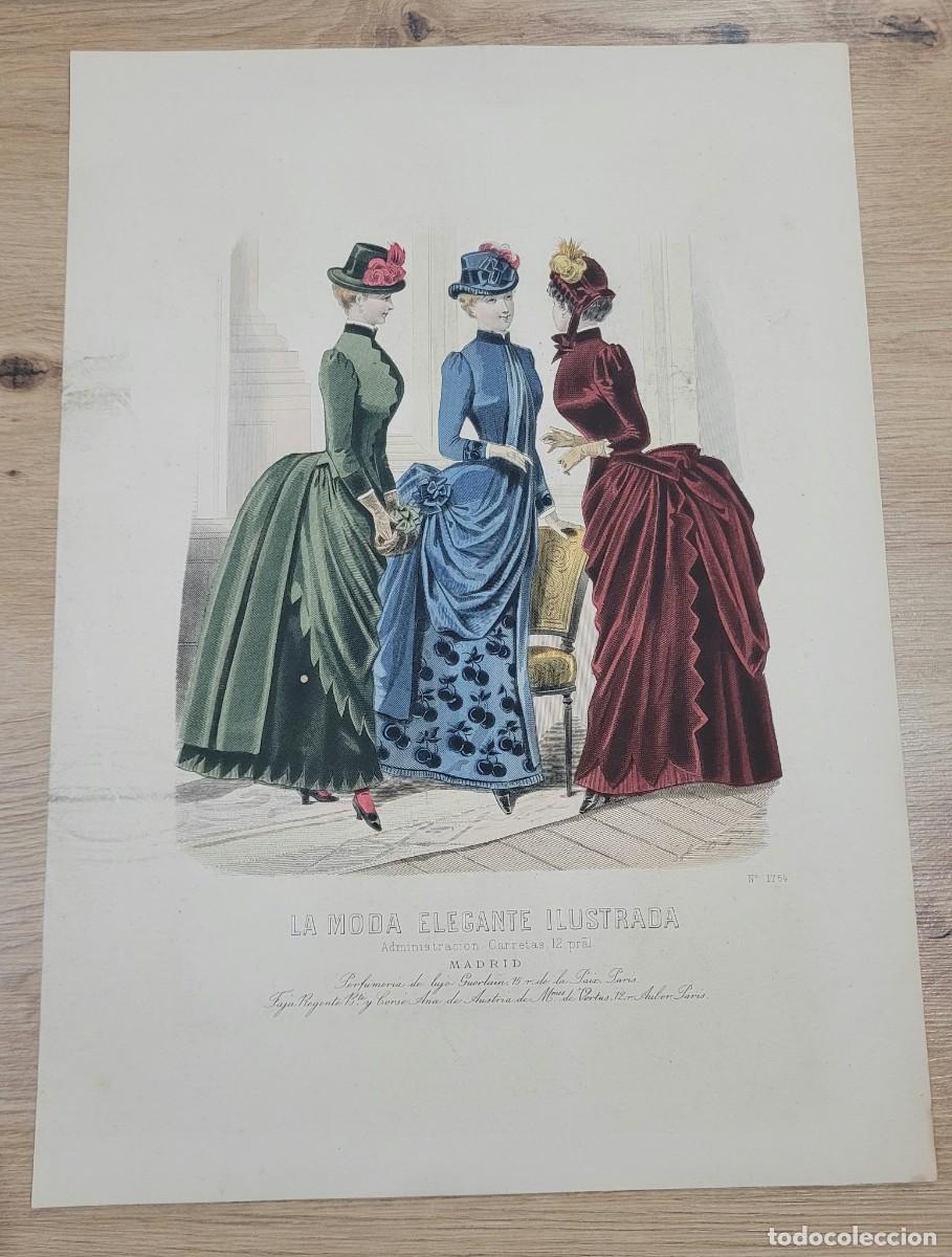 Arte: LAMINA ANTIGUA MODA ELEGANTE 1884 N 1754 TRES DAMAS 37.5 X 27 CM