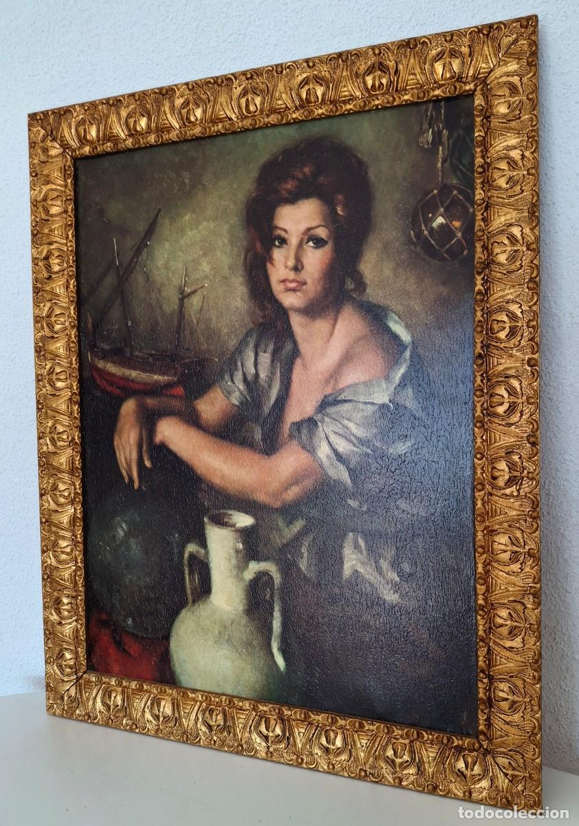 Arte: L&aacute;mina La Pescadora de Francisco Rihera Oleograf&iacute;a sobre lienzo marco madera dorada 84x66 cm