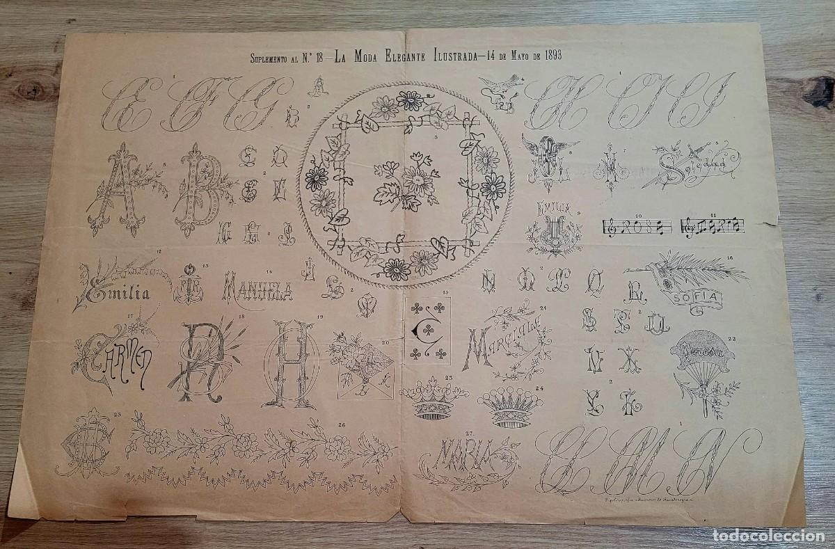 Arte: LAMINA BORDADOS 1893 LA MODA ELEGANTE ILUSTRADA INICIALES Y CORONAS 57X39 CM