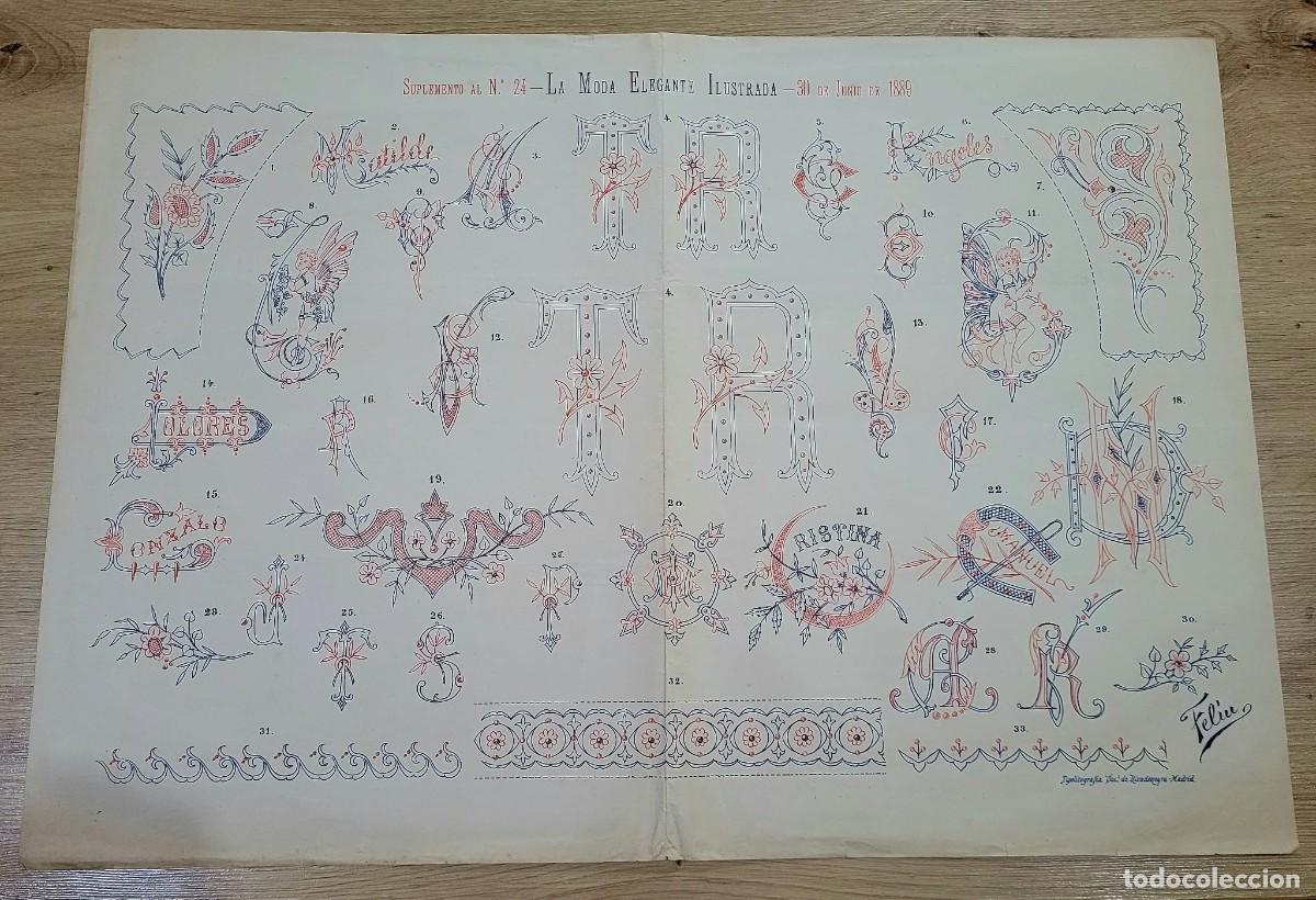 Arte: 1889 SUPLEMENTO LA MODA ELEGANTE PATRONES BORDADO 2 TINTAS NOMBRES 57X39 CM