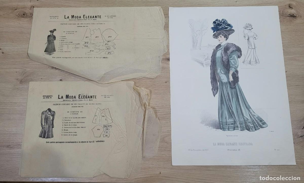 Arte: FIGURIN LA MODA ELEGANTE Y 2 PATRONES PAPEL SEDA ORIGINALES 1906 / 1907