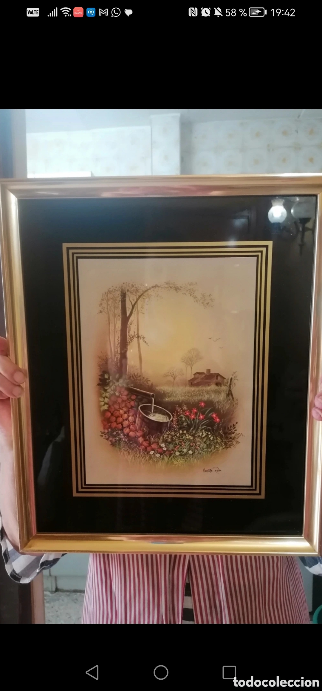 Arte: Cuadro Cl&aacute;sico paisaje con flores paspartu Negro Marco Dorado.