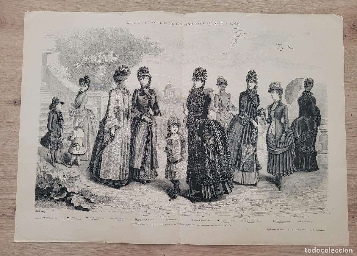 Arte: LAMINA ANTIGUA GRAN FORMATO 1884 LA MODA ELEGANTE ILUSTRADA ABRIGOS INVIERNO 54X38 CM