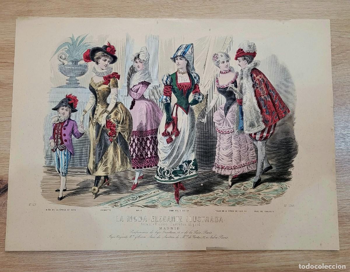 Arte: LAMINA ANTIGUA 1887 LA MODA ELEGANTE TRAJES DISFRAZ GOYA MAJA PIERRETTE GUERLAIN 37.5X27cm