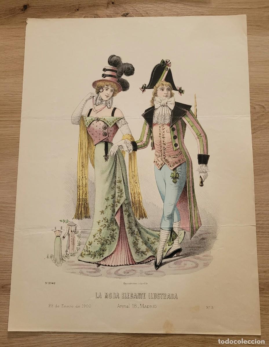 Arte: LAMINA ANTIGUA 1900 LA MODA ELEGANTE ILUSTRADA FIGURIN COLOR TRAJES DISFRAZ INCROYABLE 37.5X27cm
