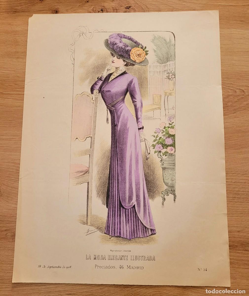 Arte: LAMINA ANTIGUA LA MODA ELEGANTE ILUSTRADA FIGURIN COLOR TRAJE VIOLETA SOMBRERO N 34 37.5X27cm