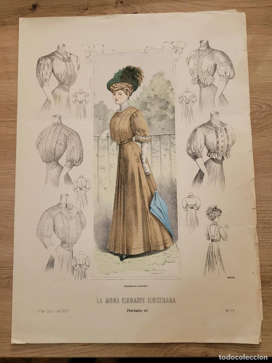 Arte: LAMINA ANTIGUA 1907 LA MODA ELEGANTE ILUSTRADA FIGURIN COLOR Y BLUSAS EDUARDIANAS N 25 37.5X27cm