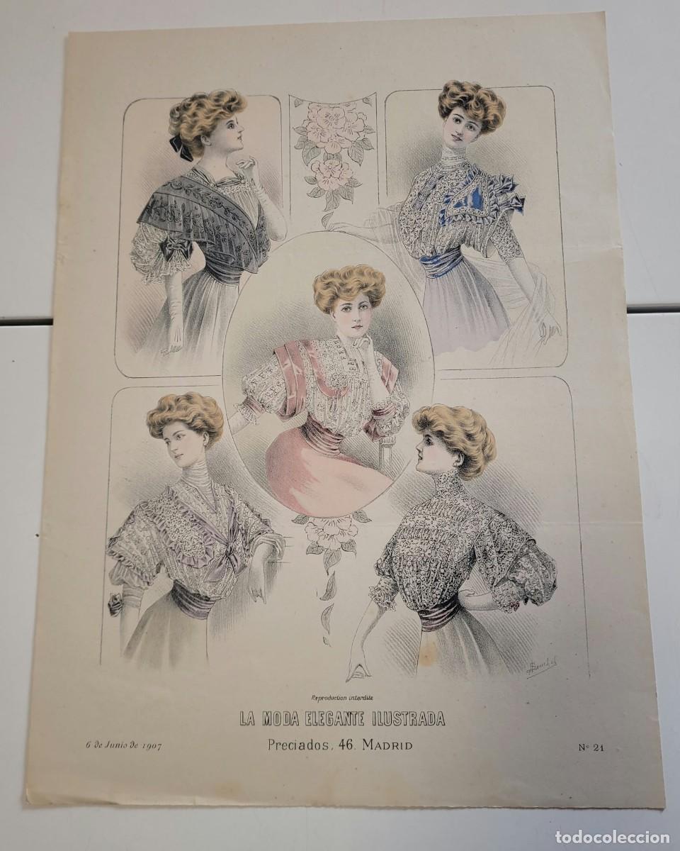 Arte: LAMINA ANTIGUA 1907 LA MODA ELEGANTE ILUSTRADA FIGURIN COLOR TRES DAMAS TRAJES N 29 37.5X27cm