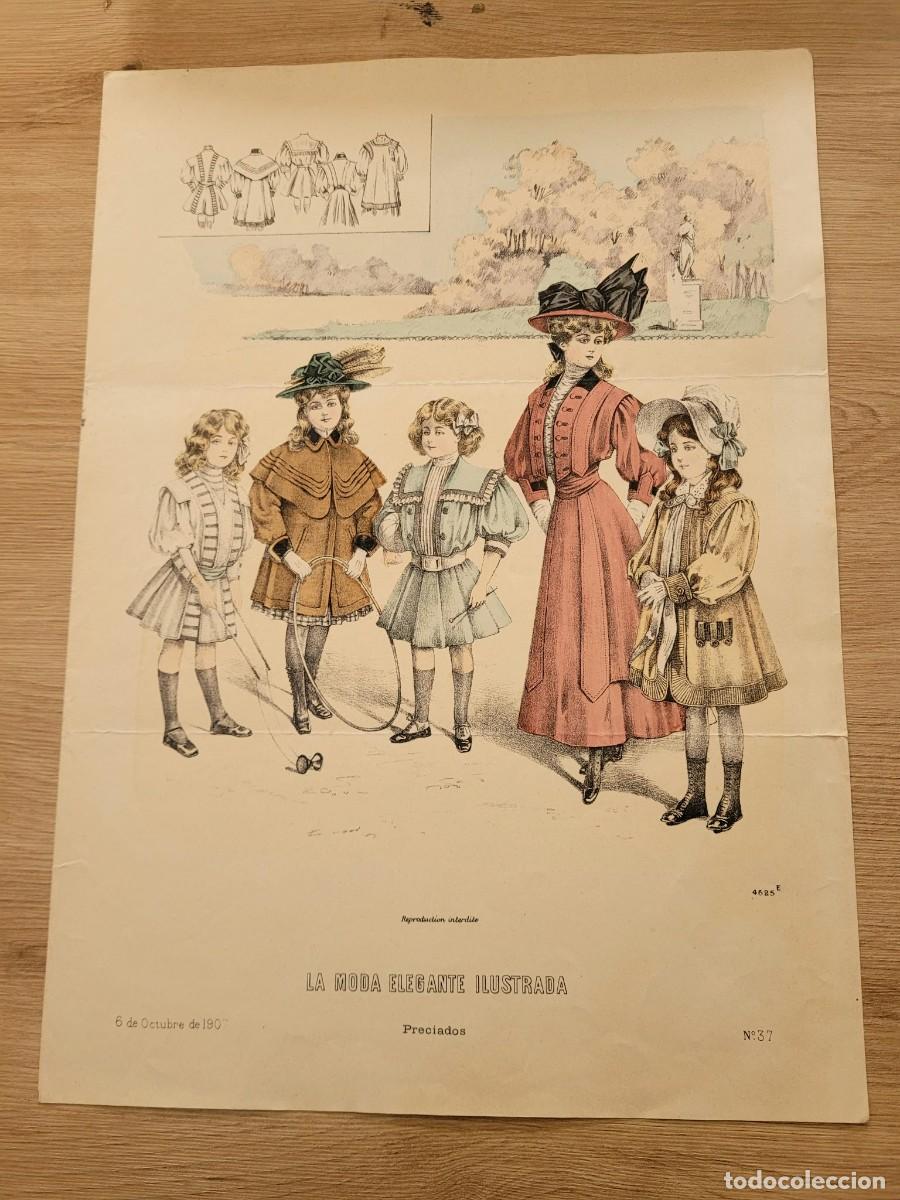 Arte: LAMINA ANTIGUA 1907 LA MODA ELEGANTE ILUSTRADA FIGURIN MODA INFANTIL JUGUETES ARO N 37 37.5X27cm