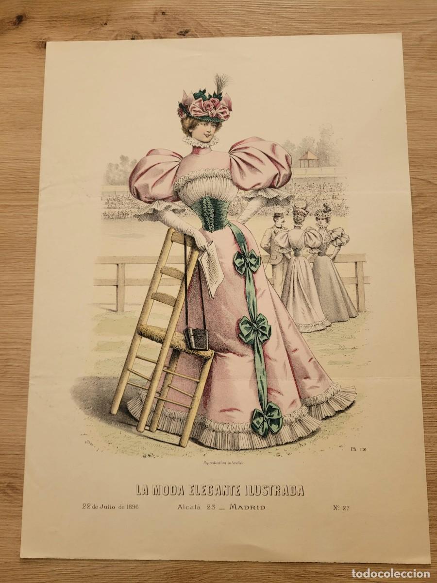 Arte: LAMINA ANTIGUA 1896 LA MODA ELEGANTE ILUSTRADA FIGURIN COLOR MANGAS JAMON HIPODROMO N 27 37.5X27cm