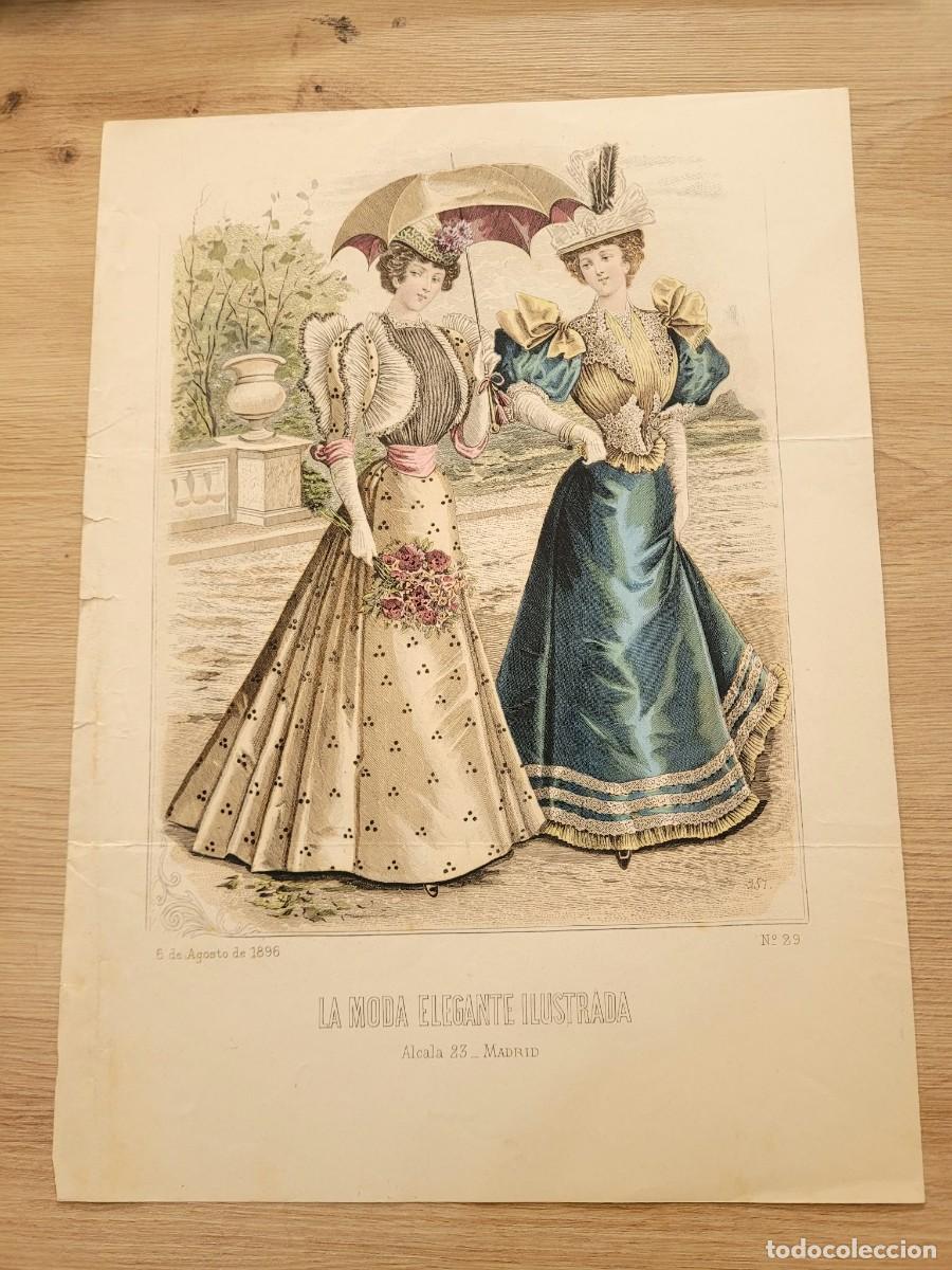 Arte: LAMINA ANTIGUA 1896 LA MODA ELEGANTE ILUSTRADA FIGURIN COLOR MANGAS JAMON GIGOT DAMAS N 29 37.5X27cm
