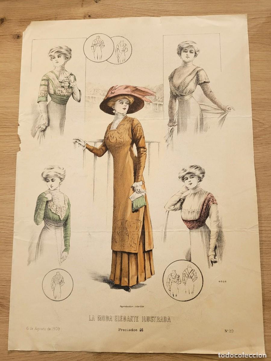 Arte: LAMINA ANTIGUA 1909 LA MODA ELEGANTE ILUSTRADA FIGURIN COLOR TRAJE SASTRE Y BLUSAS N 29 37.5X27cm
