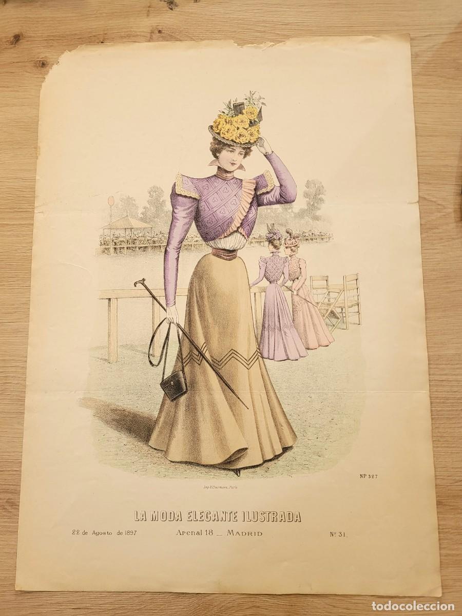 Arte: LAMINA ANTIGUA 1897 LA MODA ELEGANTE ILUSTRADA FIGURIN COLOR HIPODROMO FUSTA DAMAS N 31 37.5X27cm