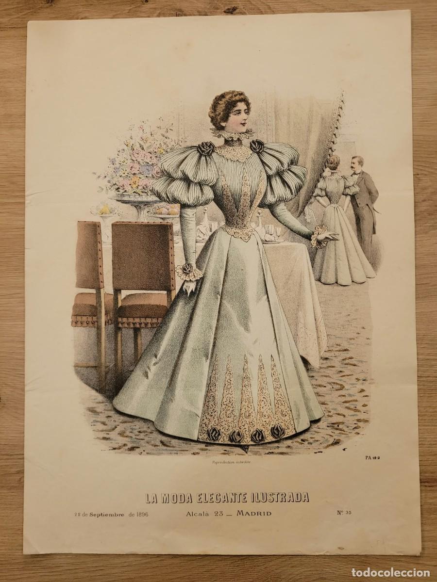 Arte: LAMINA ANTIGUA 1896 LA MODA ELEGANTE ILUSTRADA FIGURIN COLOR TRAJE GALA MANGAS JAMON N 33 37.5X27cm