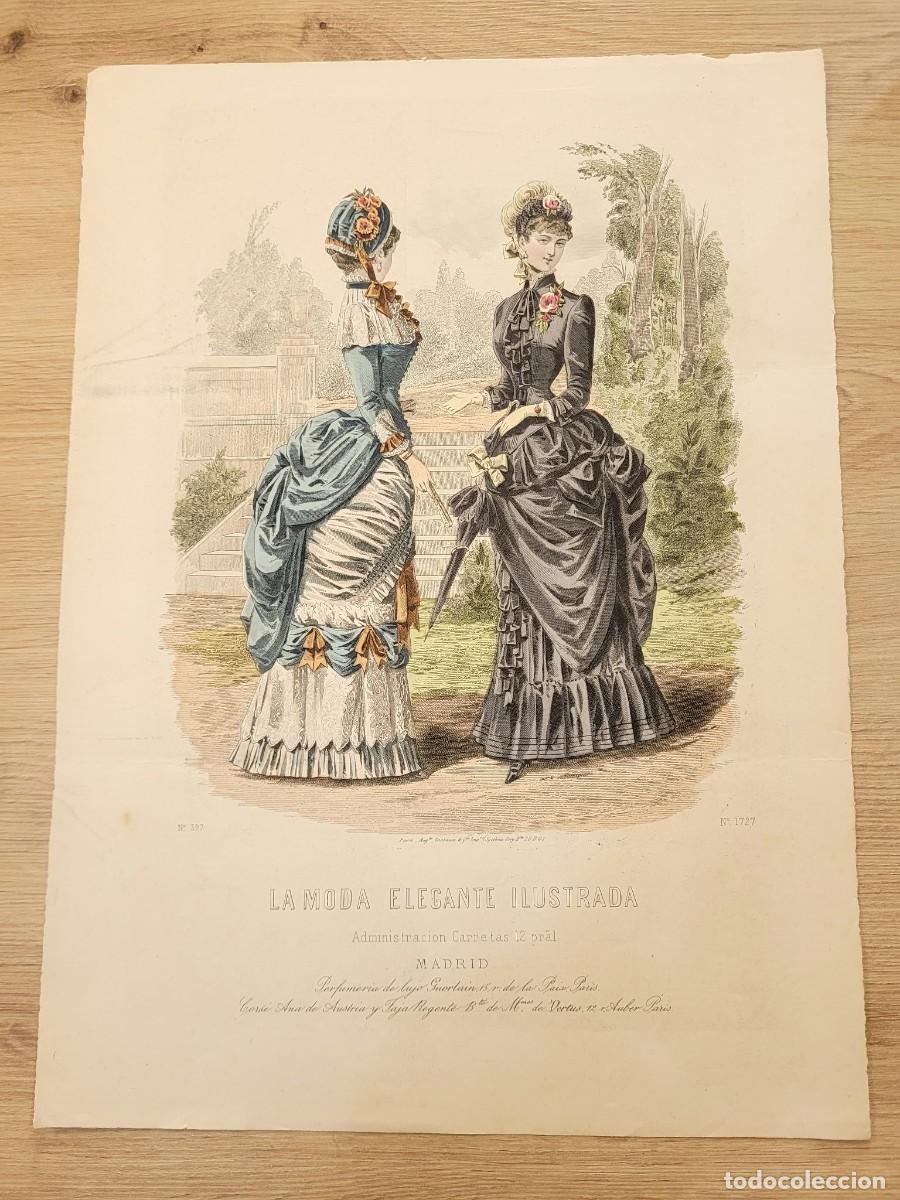 Arte: LAMINA ANTIGUA 1885 LA MODA ELEGANTE ILUSTRADA FIGURIN COLOR POLIZON GUERLAIN N 1727 37.5X27cm