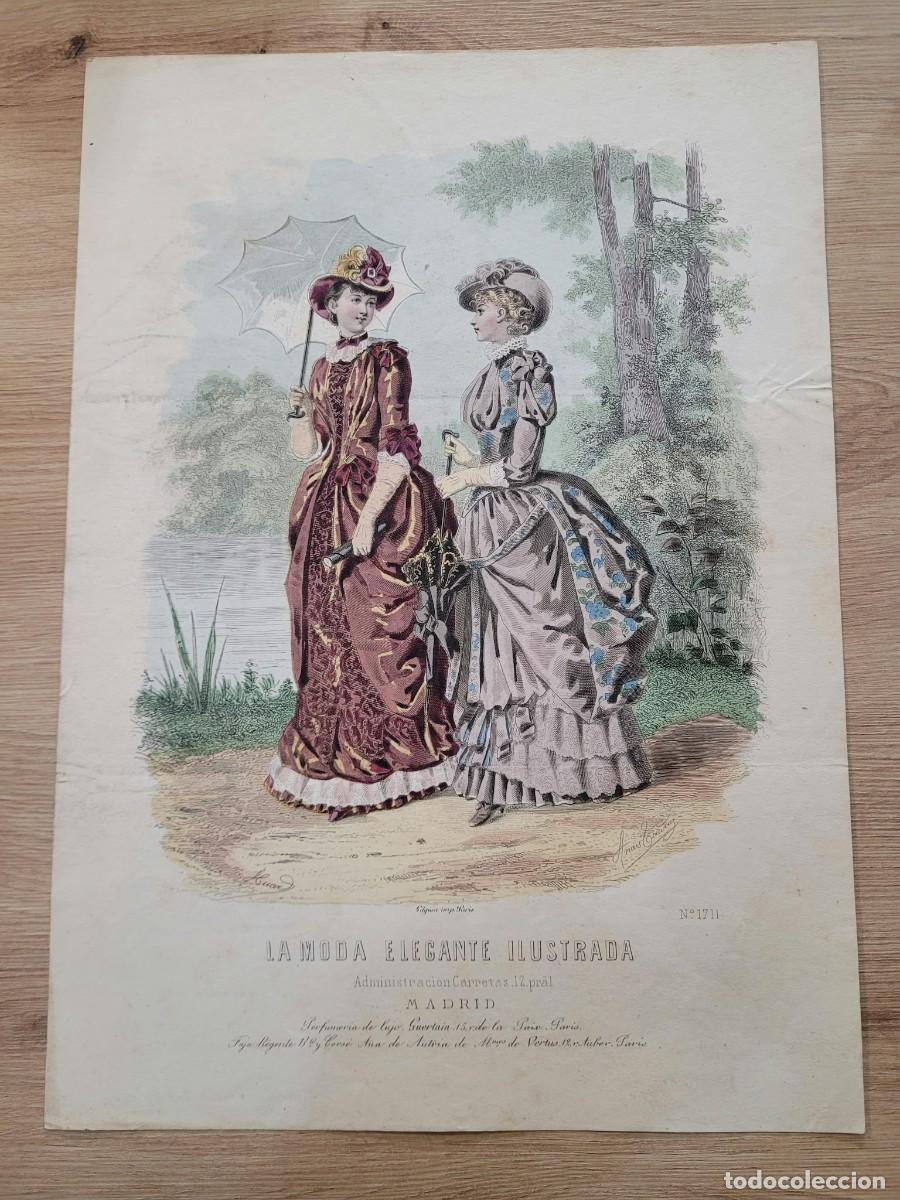 Arte: LAMINA ANTIGUA 1885 LA MODA ELEGANTE ILUSTRADA FIGURIN COLOR POLIZON GUERLAIN N 1711 37.5X27cm