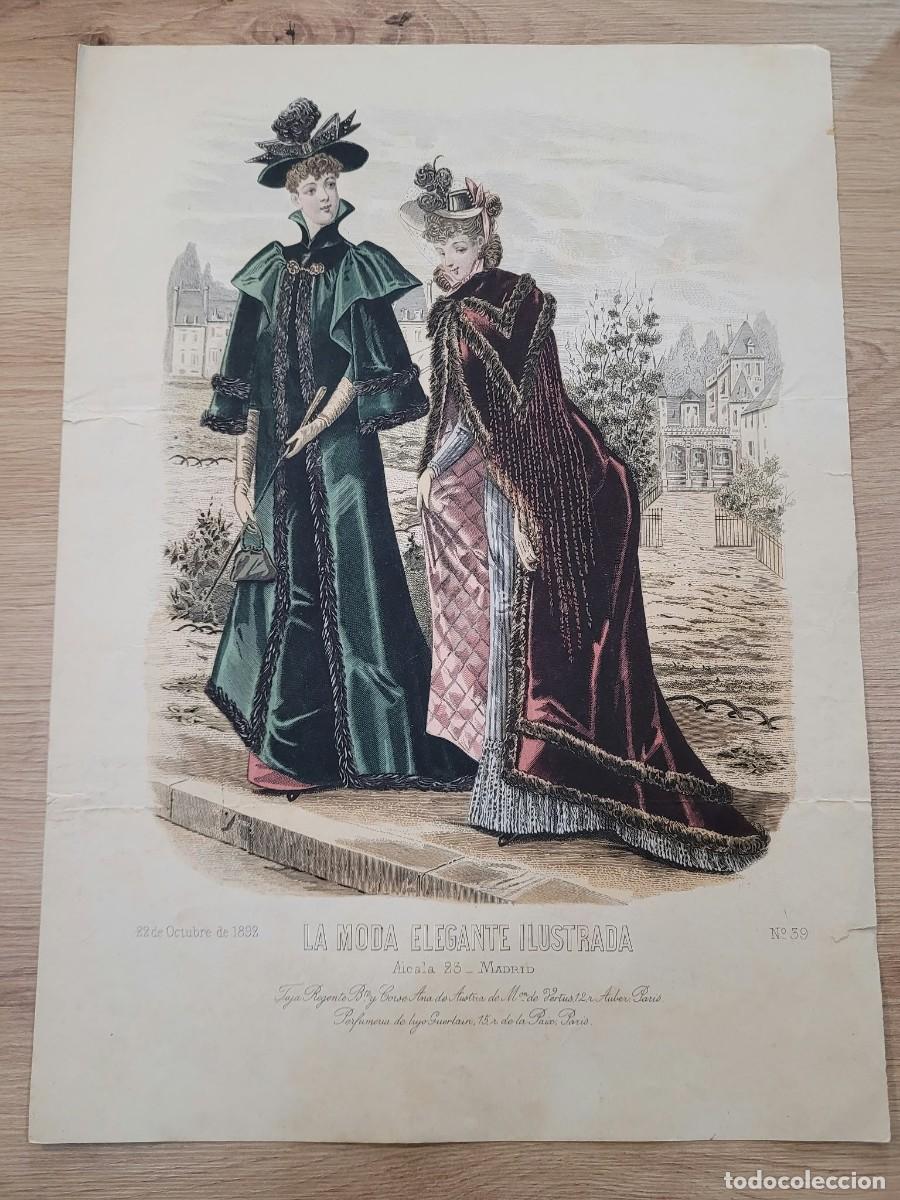 Arte: LAMINA ANTIGUA 1892 LA MODA ELEGANTE ILUSTRADA FIGURIN COLOR ABRIGOS GUERLAIN PARIS N 39 37.5X27cm