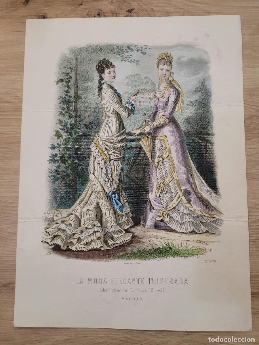 Arte: LAMINA ANTIGUA 1880 LA MODA ELEGANTE ILUSTRADA FIGURIN COLOR VESTIDOS NATURAL FORM N 1578 37.5X27cm