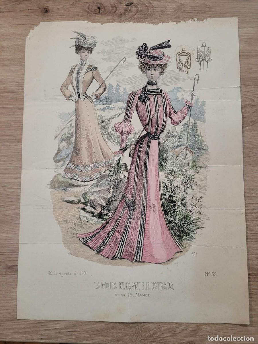 Arte: LAMINA ANTIGUA 1901 LA MODA ELEGANTE ILUSTRADA FIGURIN COLOR MODA MONTA&Ntilde;A SENDERISMO N 32 37.5X27cm
