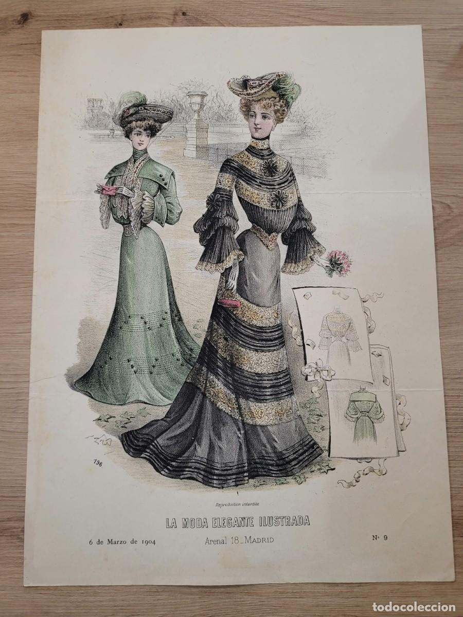 Arte: LAMINA ANTIGUA 1904 LA MODA ELEGANTE ILUSTRADA FIGURIN COLOR TRAJE GALA DORADO N 9 37.5X27cm