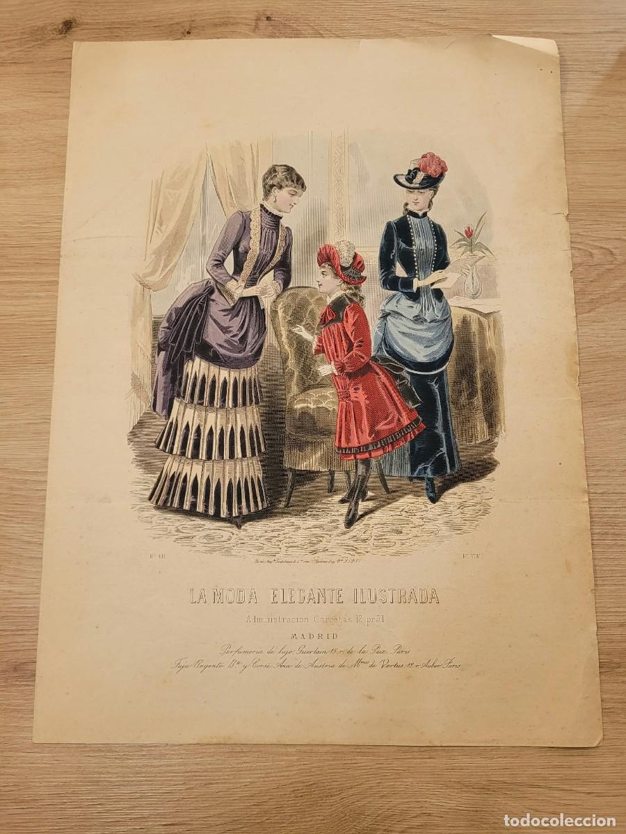 Arte: LAMINA ANTIGUA 1885 LA MODA ELEGANTE ILUSTRADA FIGURIN COLOR DAMAS Y NI&Ntilde;A POLIZON N 1741 37.5X27cm