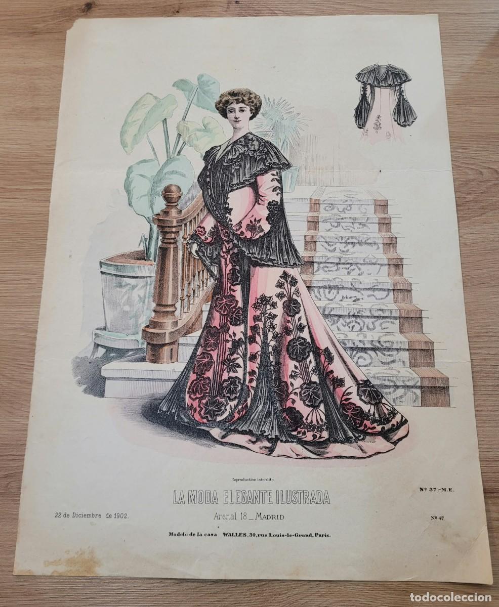 Arte: LAMINA ANTIGUA 1902 LA MODA ELEGANTE ILUSTRADA FIGURIN COLOR TRAJE GALA ESCALINATA N 47 37.5X27cm