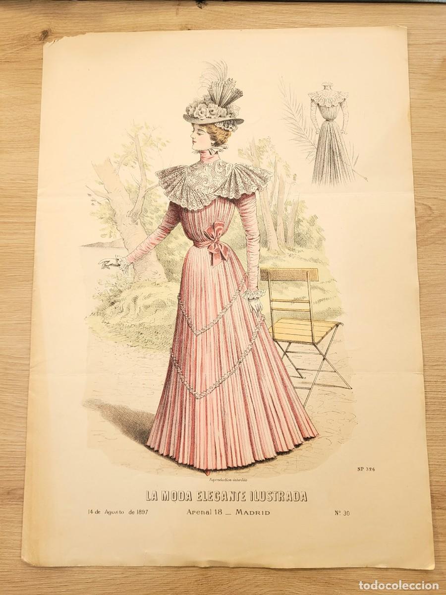 Arte: LAMINA ANTIGUA 1897 LA MODA ELEGANTE ILUSTRADA FIGURIN COLOR VESTIDO ROSA PLISADO N 30 37.5X27cm
