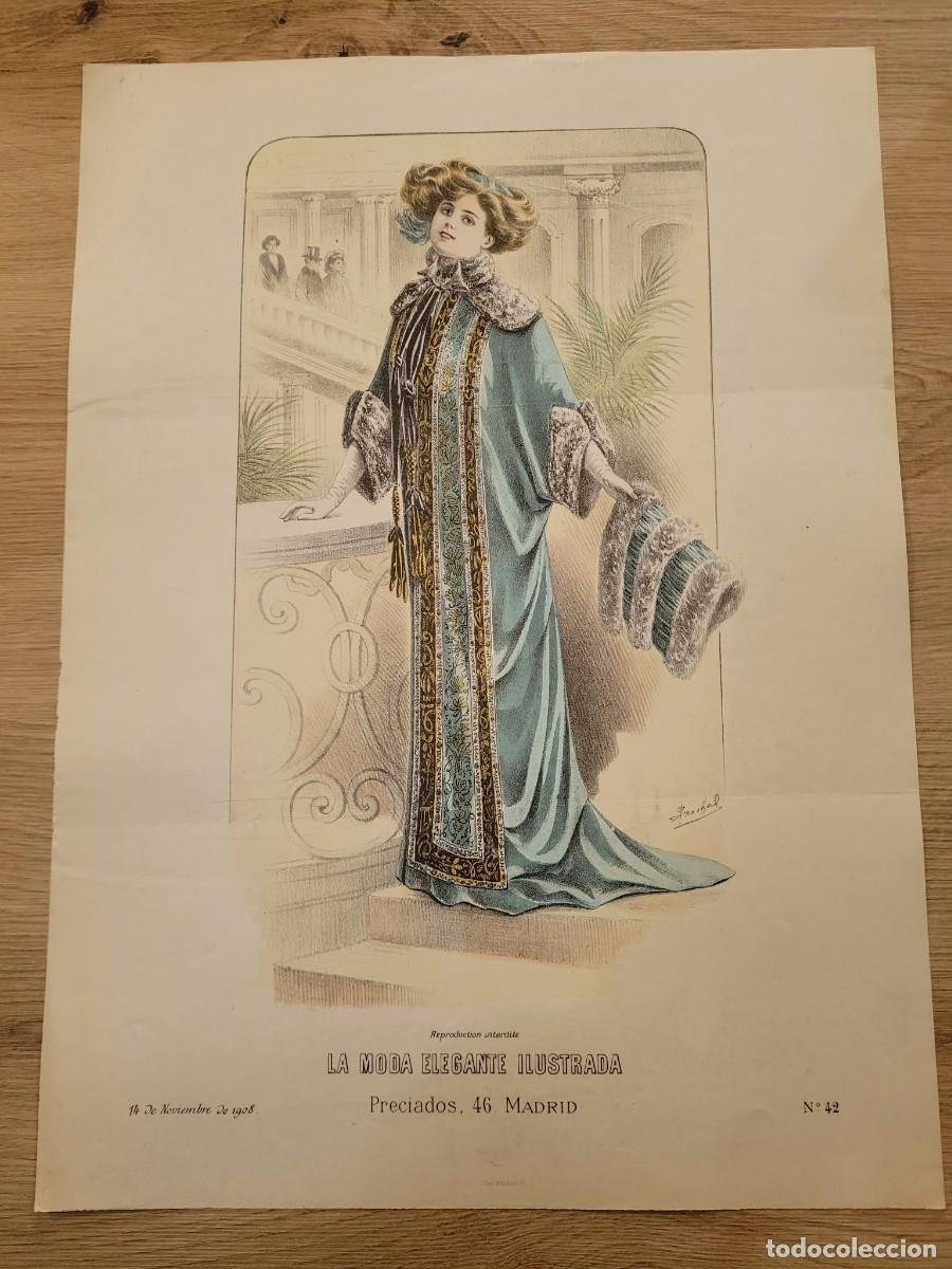 Arte: LAMINA ANTIGUA 1908 LA MODA ELEGANTE ILUSTRADA FIGURIN COLOR ABRIGO AZUL PIEL MANGUITO N 4 37.5X27cm