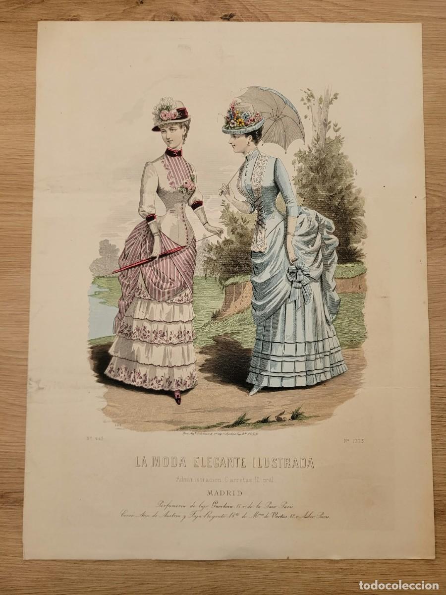 Arte: LAMINA ANTIGUA +-1885 LA MODA ELEGANTE ILUSTRADA FIGURIN COLOR POLIZON GUERLAIN N 1773 37.5X27cm
