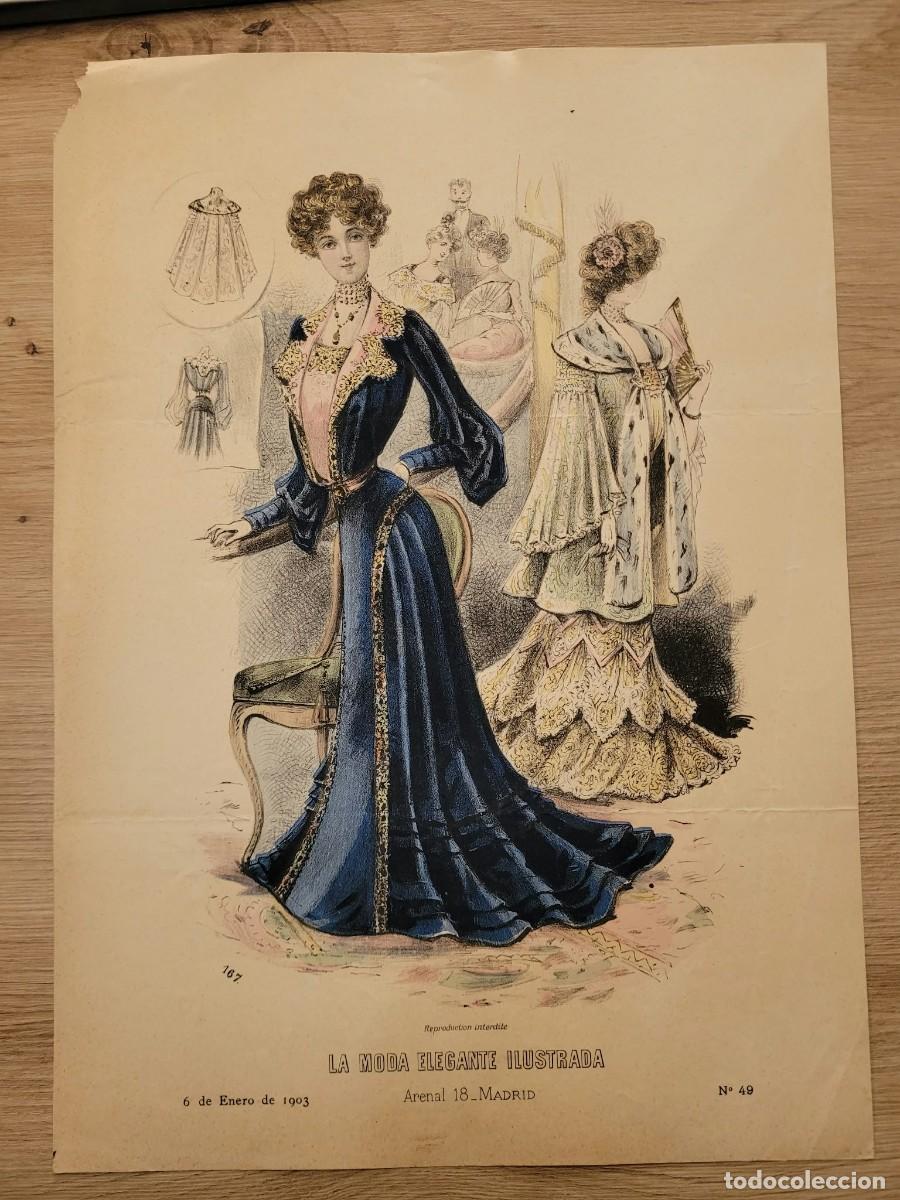 Arte: LAMINA ANTIGUA 1903 LA MODA ELEGANTE ILUSTRADA FIGURIN COLOR TRAJE NOCHE AZUL N 49 37.5X27cm