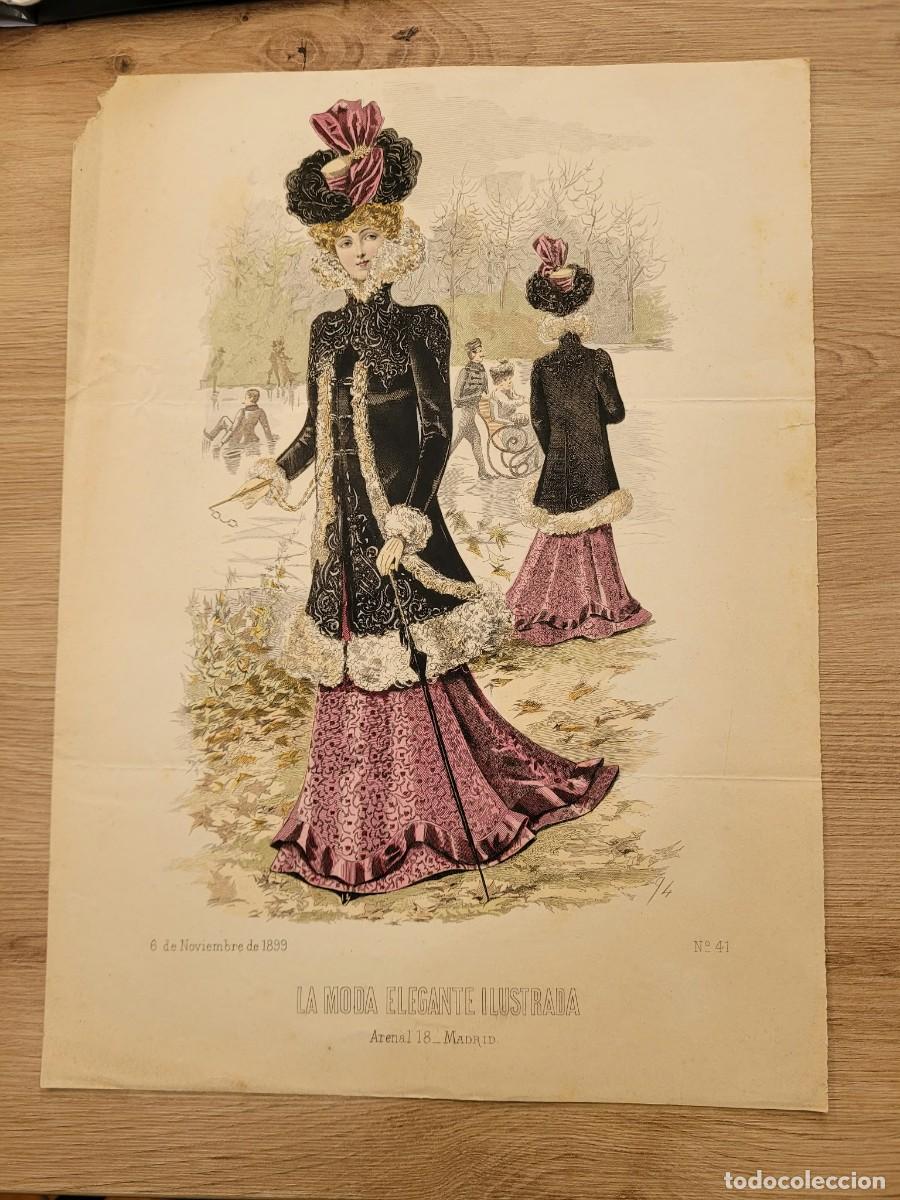 Arte: LAMINA ANTIGUA 899 LA MODA ELEGANTE MADRID INVIERNO PATINAJE HIELO N 41 37.5X27cm
