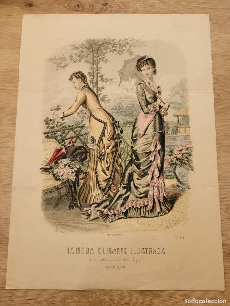 Arte: LAMINA ANTIGUA +-1880 LA MODA ELEGANTE ILUSTRADA FIGURIN COLOR DAMAS JARDIN N 1623 37.5X27cm