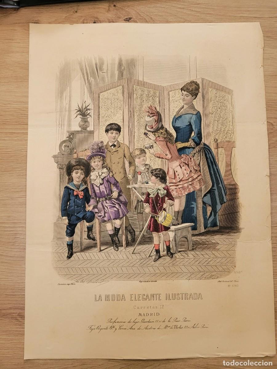 Arte: LAMINA ANTIGUA 1885 LA MODA ELEGANTE ILUSTRADA FIGURIN COLOR MODA INFANTIL GUERLAIN 37.5X27cm