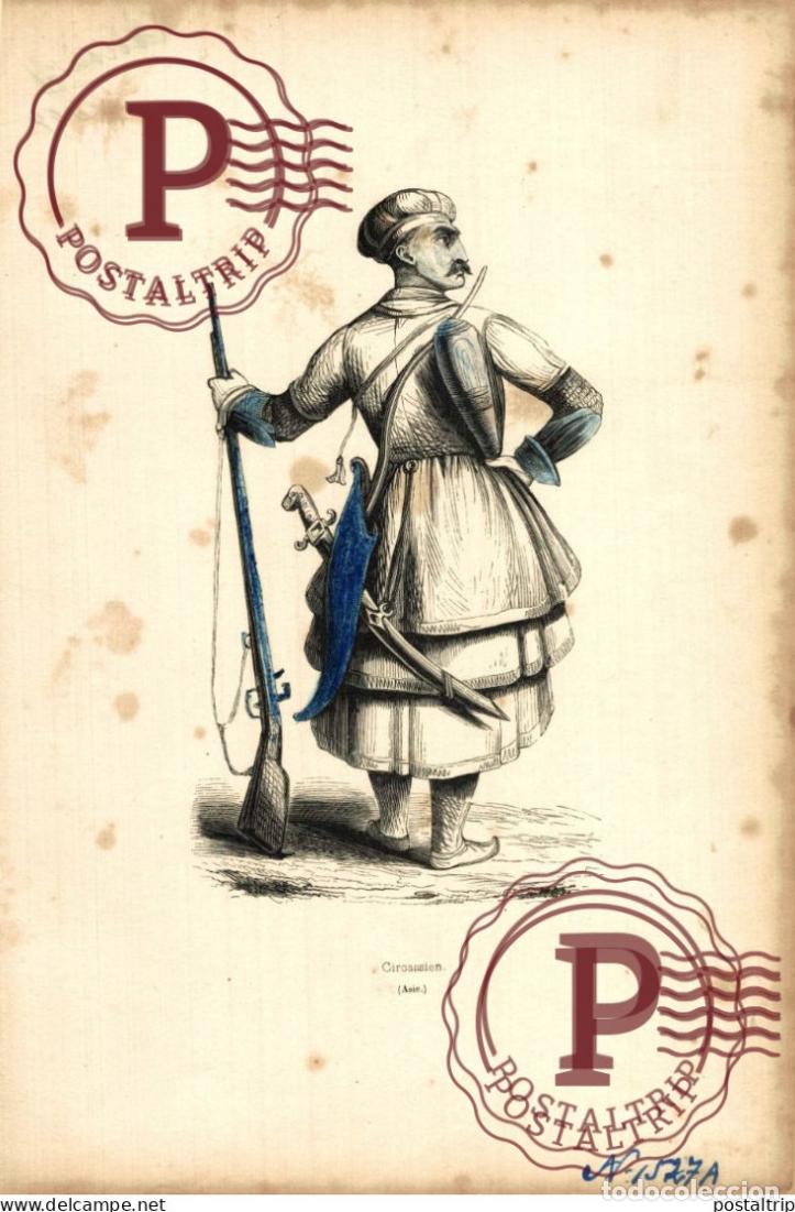 Arte: KYRGYZ SOLDIER CIRCASSIEN ASIE ASIA ASIEN GRAVURE BOIS 27*18CM Trachten costumes ethnic