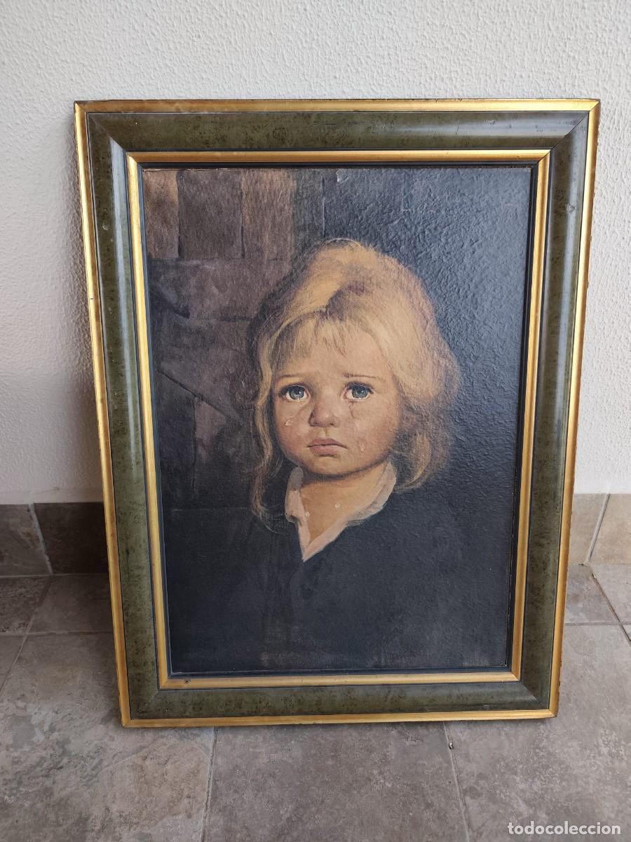 Arte: G. Bragolin &ndash; Ni&ntilde;a llorando &ndash; Antigua l&aacute;mina/reproducci&oacute;n &ndash; 69x49 cm &ndash; Marco