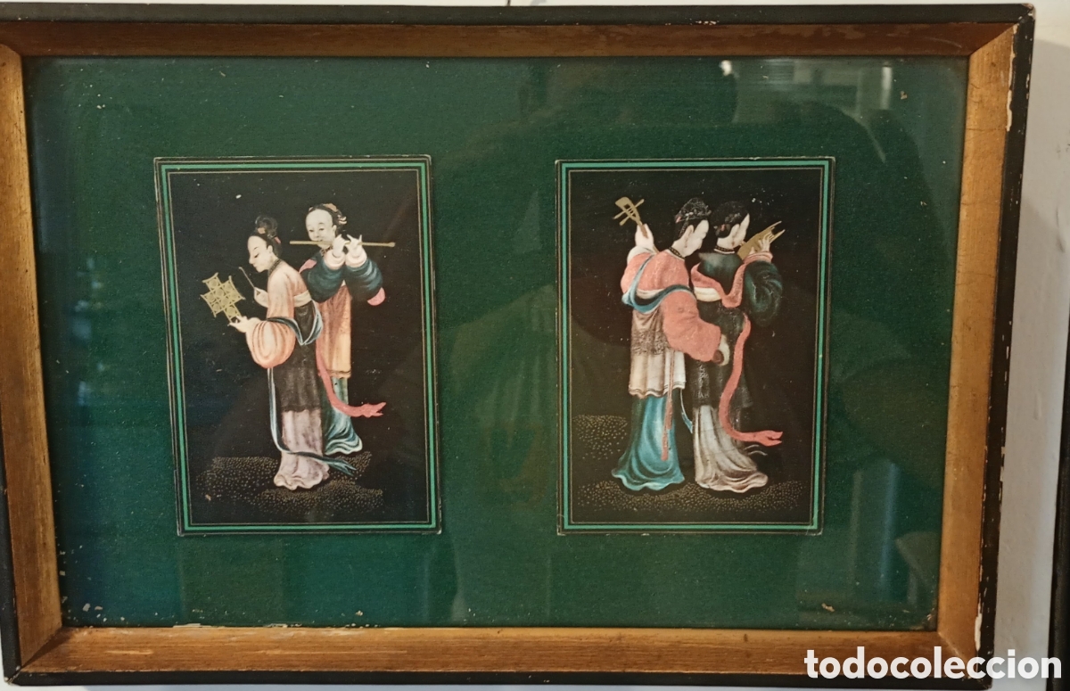 Arte: Antiguo Cuadro Oriental Doble - A&ntilde;os 60 - Dos L&aacute;minas Vintage con Figuras Tradicionales Asiatizan y
