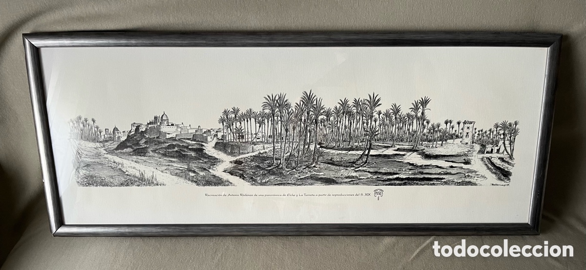 Arte: L&aacute;mina enmarcada de Antonio R&oacute;denas de una panor&aacute;mica de Elche y La Torreta