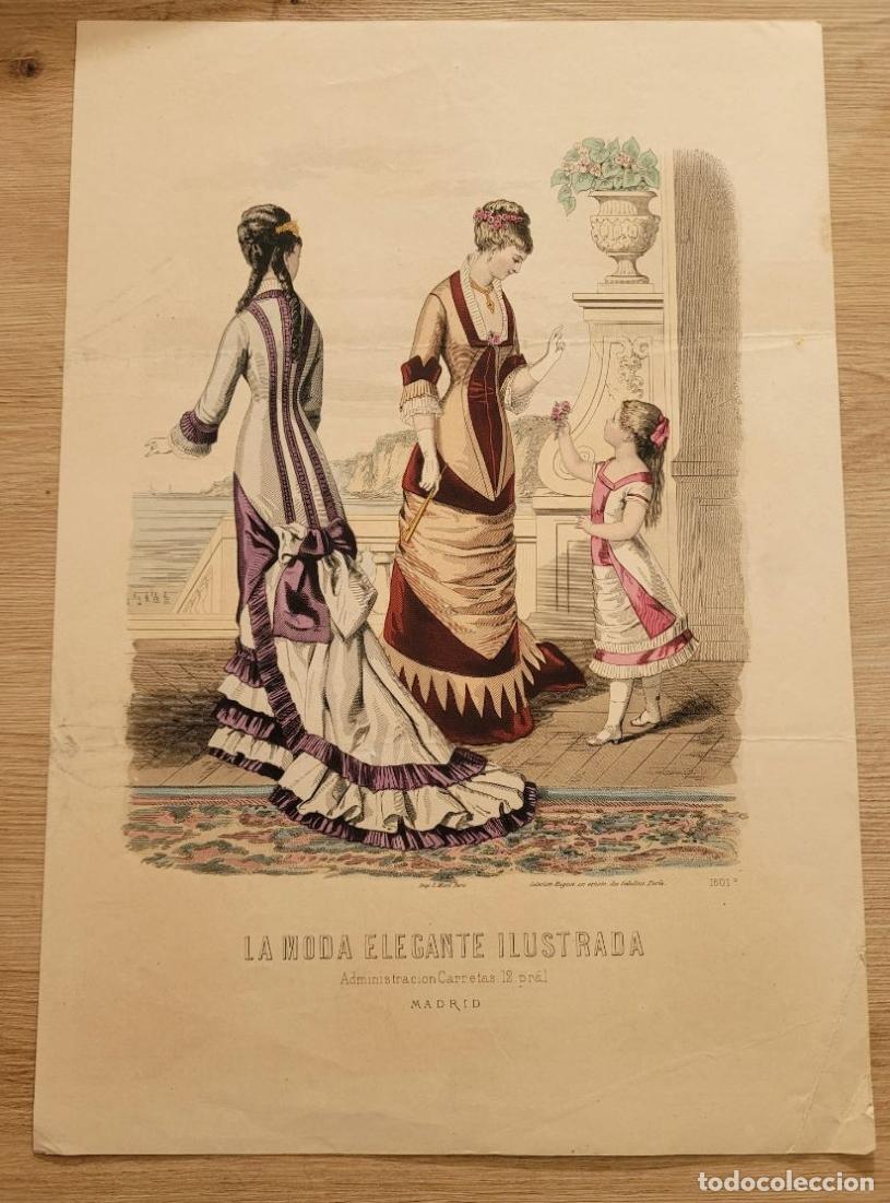 Arte: LAMINA ANTIGUA 1880 LA MODA ELEGANTE ILUSTRADA FIGURIN COLOR N 1601 NI&Ntilde;A 37.5X27cm