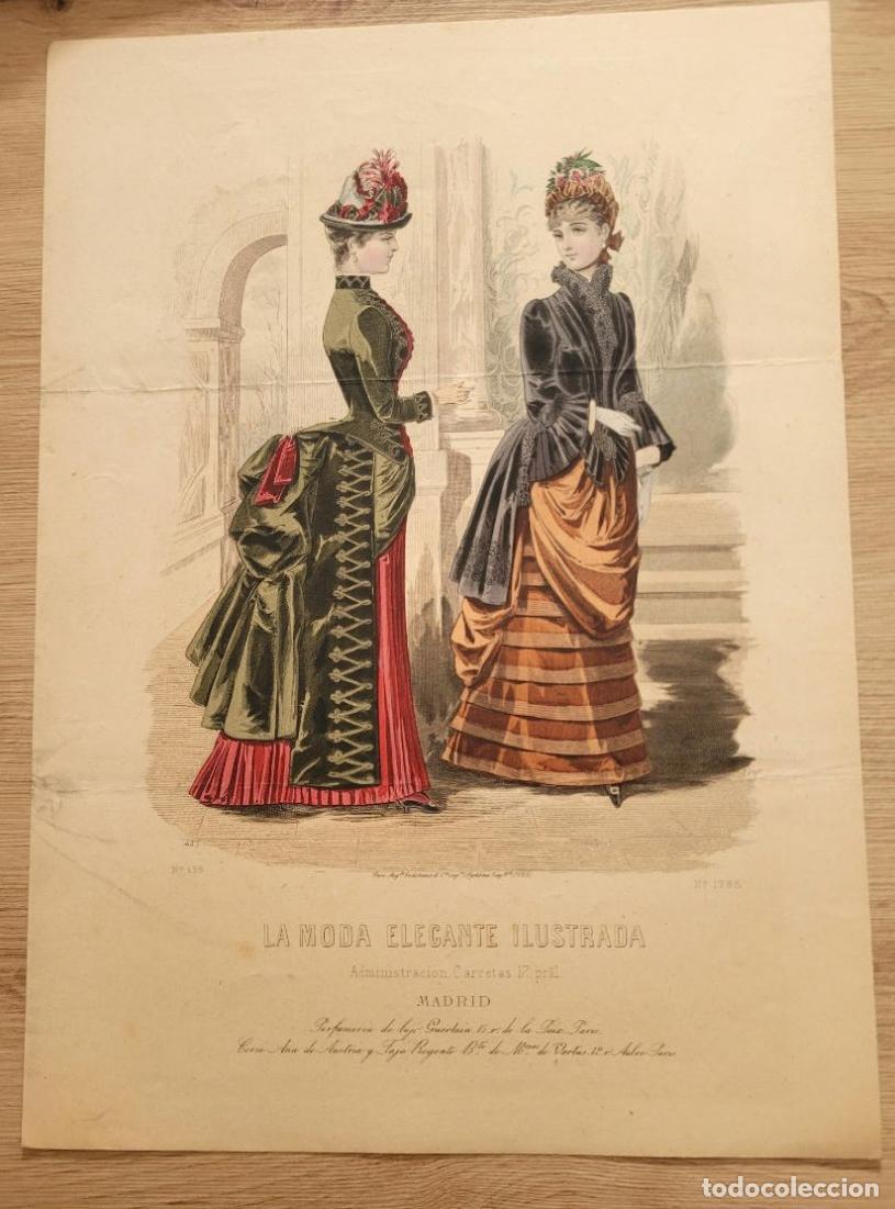 Arte: LAMINA ANTIGUA 1880 LA MODA ELEGANTE ILUSTRADA FIGURIN COLOR POLIZON GUERLAIN 37.5X27cm