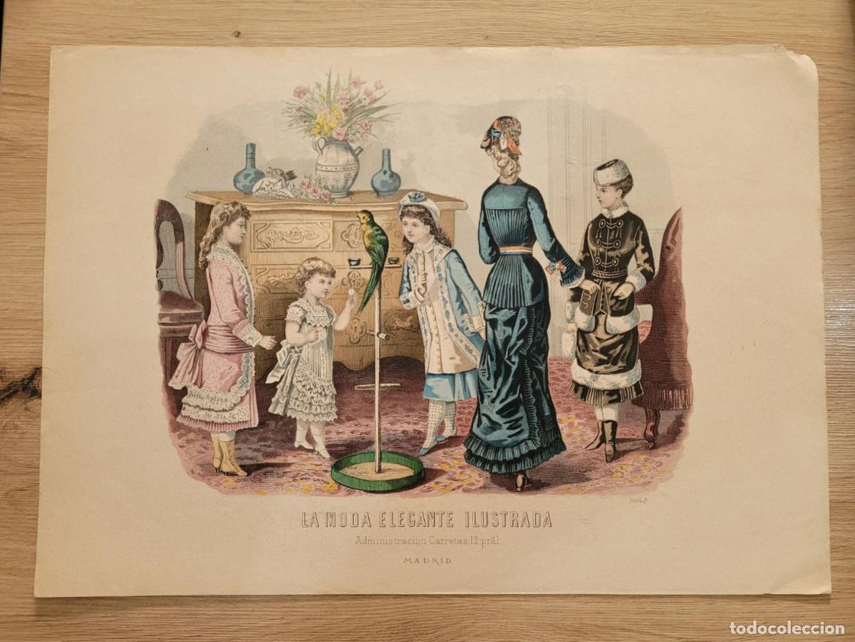Arte: LAMINA ANTIGUA ESPA&Ntilde;A 1880 LA MODA ELEGANTE ILUSTRADA FIGURIN COLOR MODA INFANTIL LORO 37.5X27cm