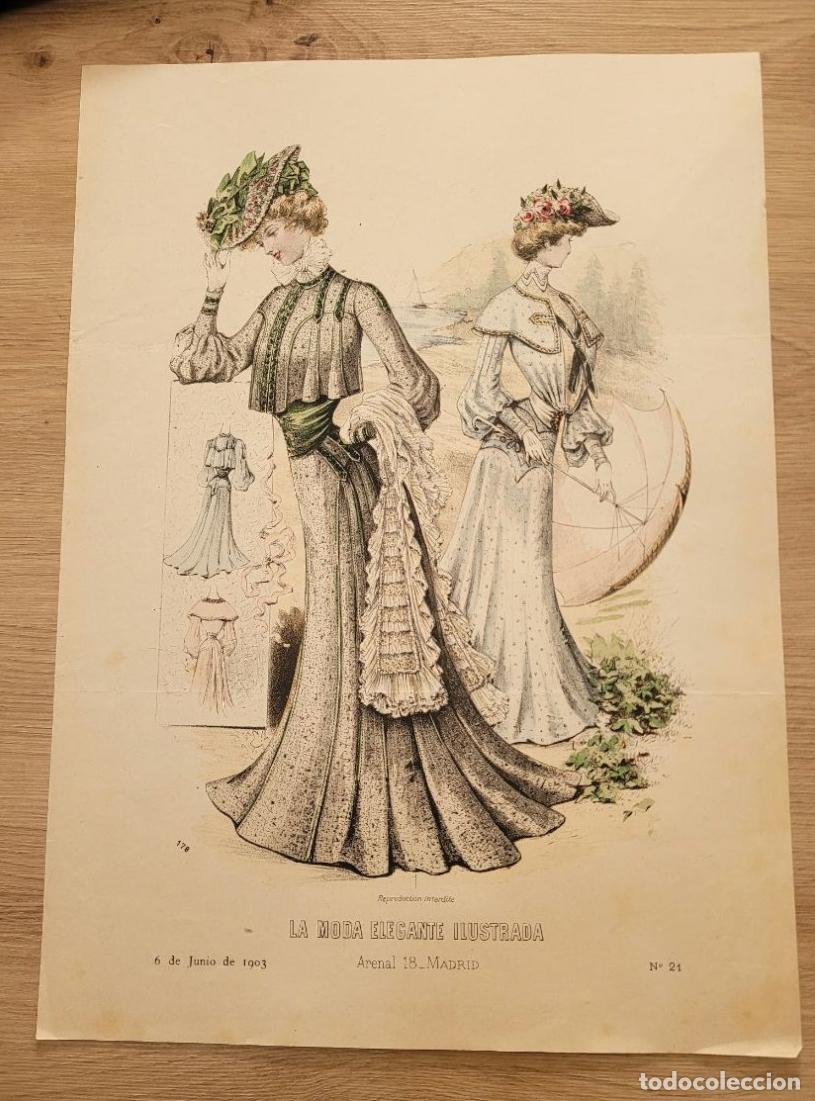 Arte: LAMINA ANTIGUA 1903 LA MODA ELEGANTE ILUSTRADA FIGURIN COLOR BELLE EPOQUE N 21 37.5X27cm ESPA&Ntilde;A SPAI
