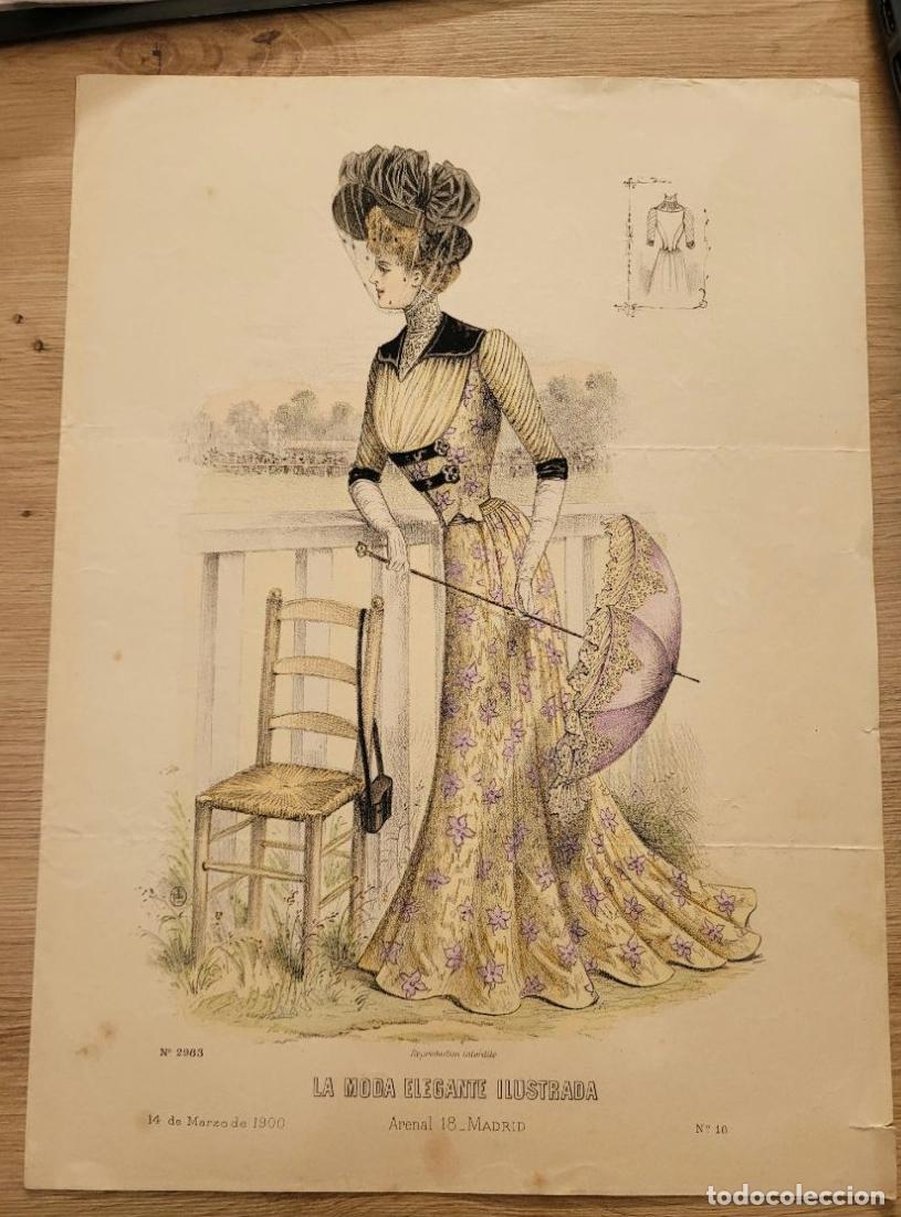 Arte: LAMINA ANTIGUA 1900 LA MODA ELEGANTE ILUSTRADA FIGURIN COLOR VESTIDO FLORES N 10 37.5X27cm ESPA&Ntilde;A SP