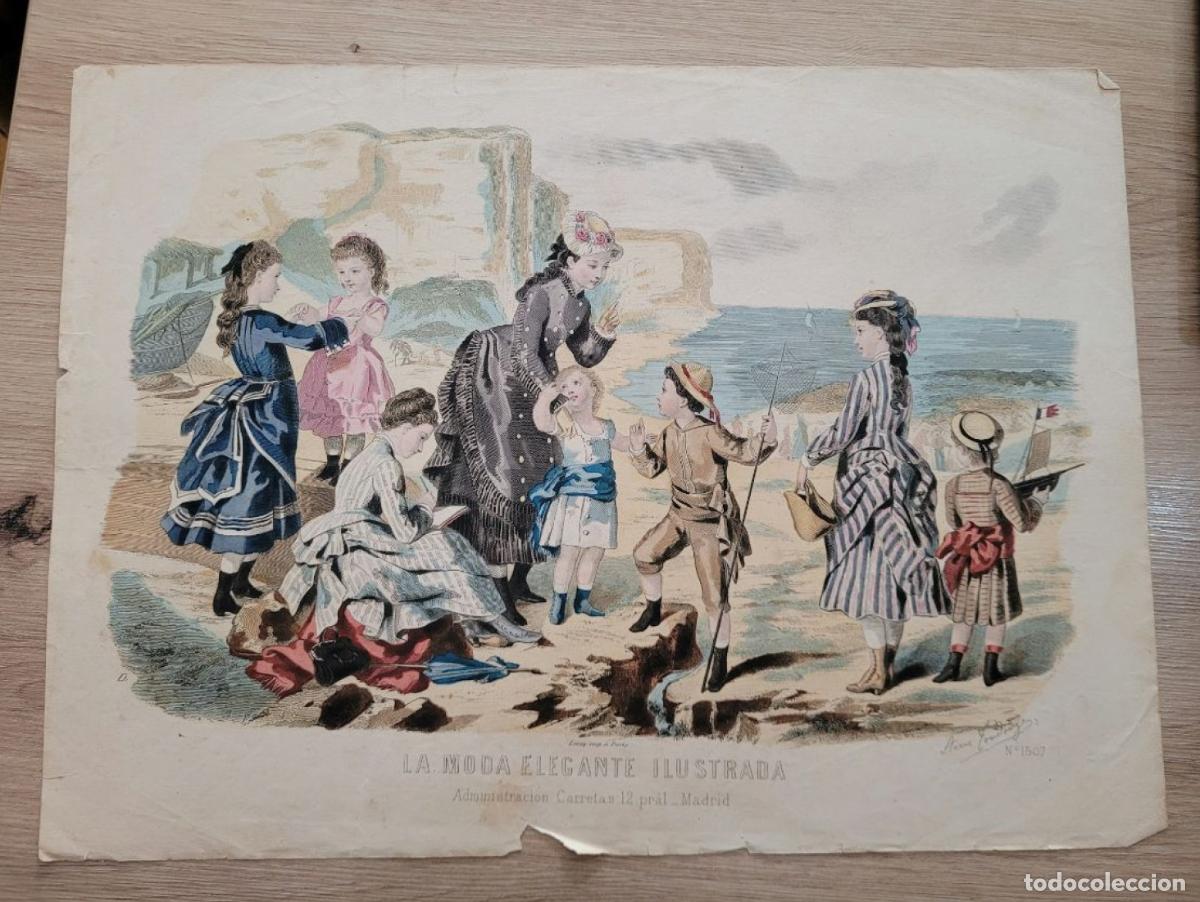 Arte: LAMINA ANTIGUA LA MODA ELEGANTE ILUSTRADA FIGURIN COLOR PLAYA NI&Ntilde;OS JUGUETES. 37.5X27cm ESPA&Ntilde;A SPAIN